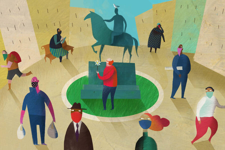 people social distance in a town square