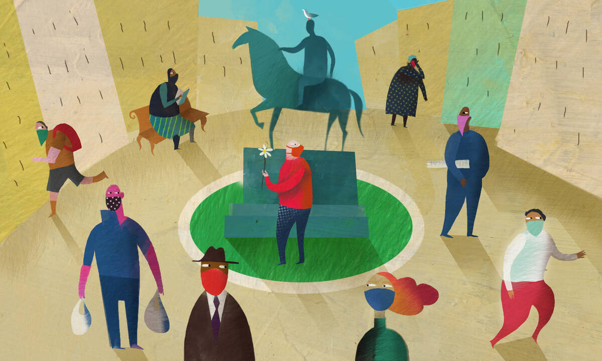 people social distance in a town square