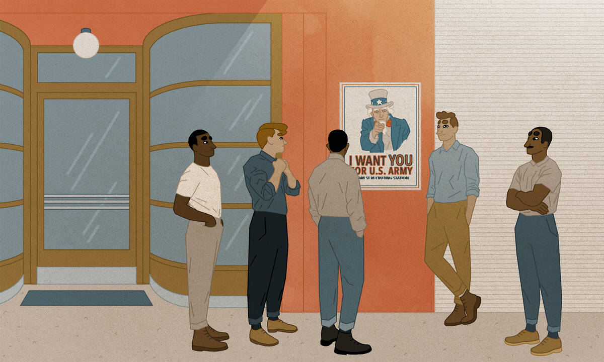 Young men stand in front of recruiting office