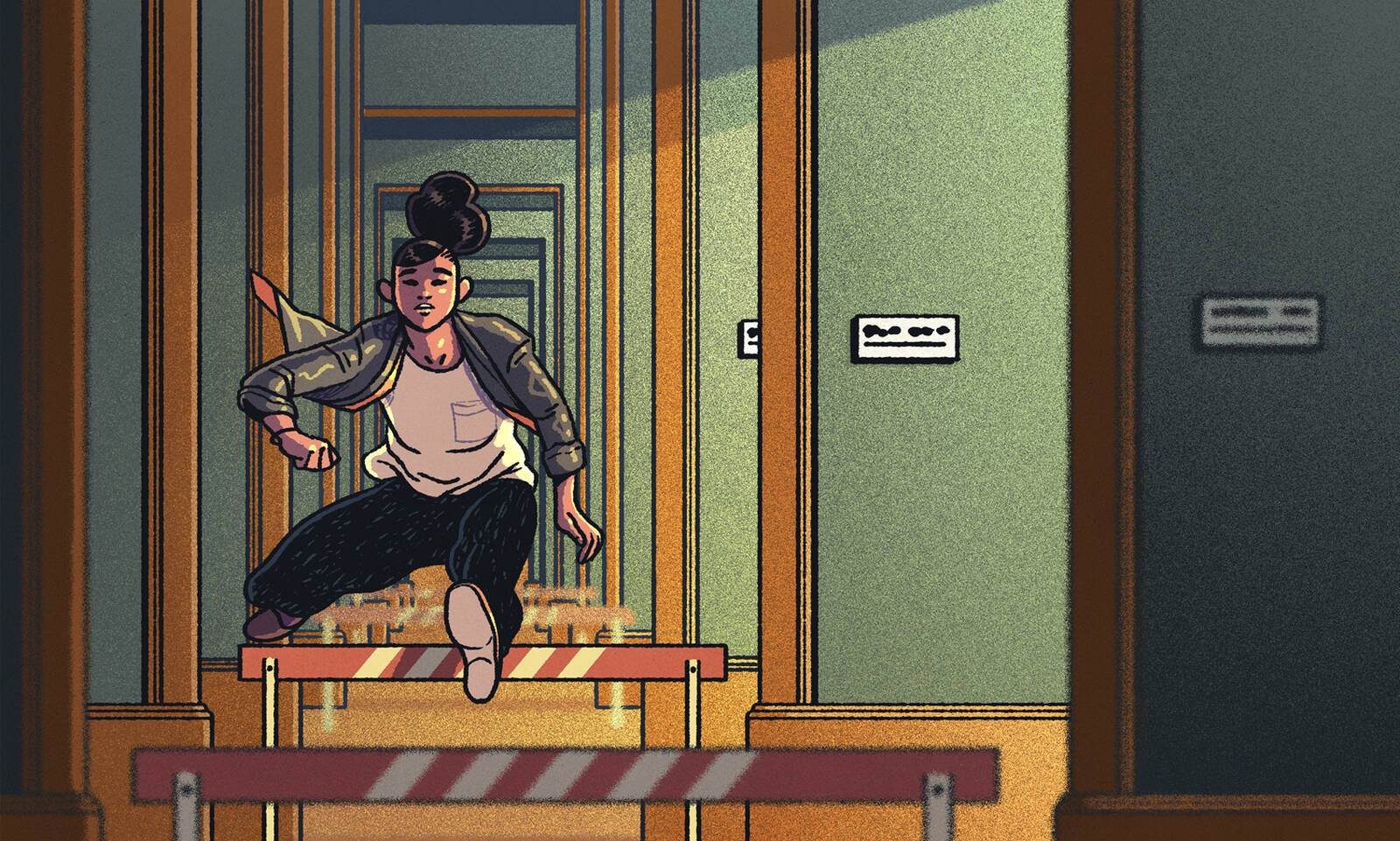 Woman leaps hurdles in office hallway