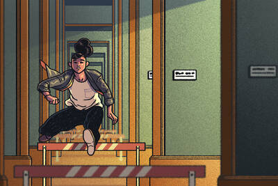 Woman leaps hurdles in office hallway