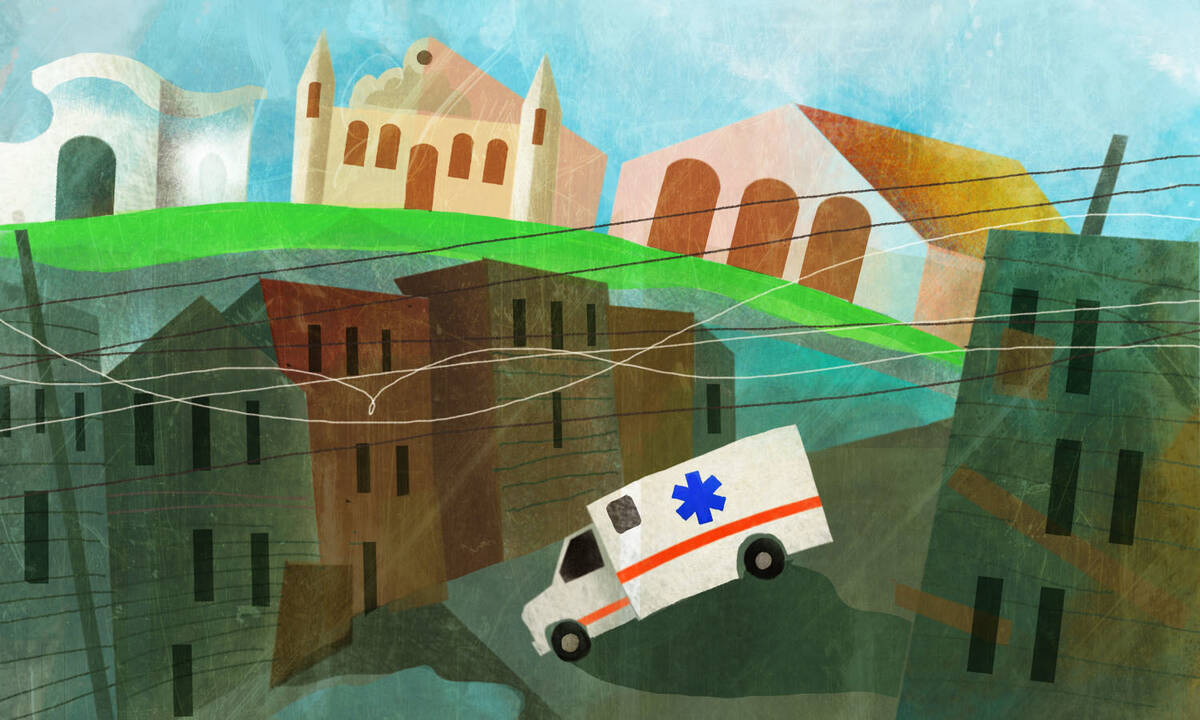 Ambulance drives through austere neighborhood with mansions in background.