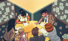 group of employees brainstorms with hourglass table