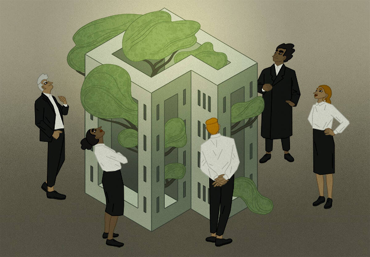 investors surround a green building