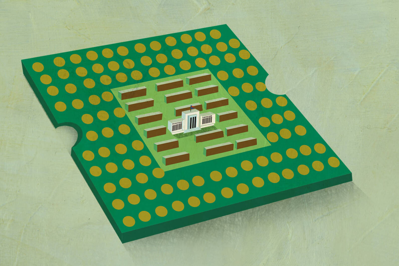computer chip with federal reserve building in board