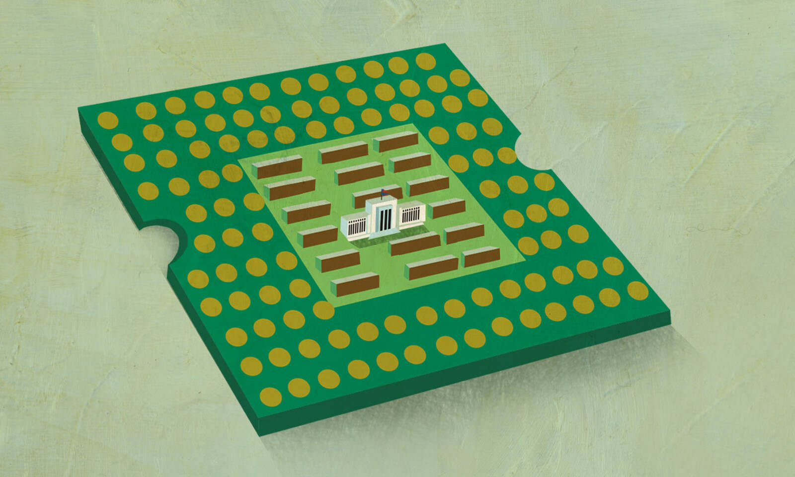 computer chip with federal reserve building in board