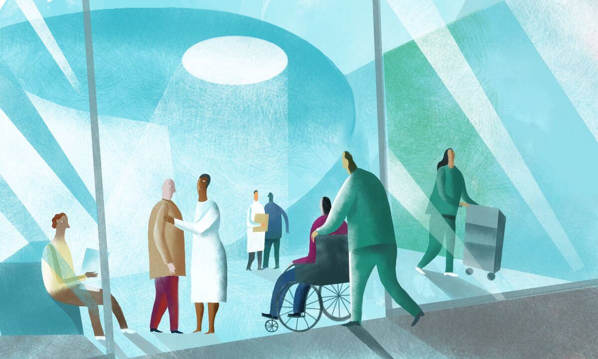 patients and healthcare workers in modern hospital lobby