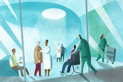 patients and healthcare workers in modern hospital lobby