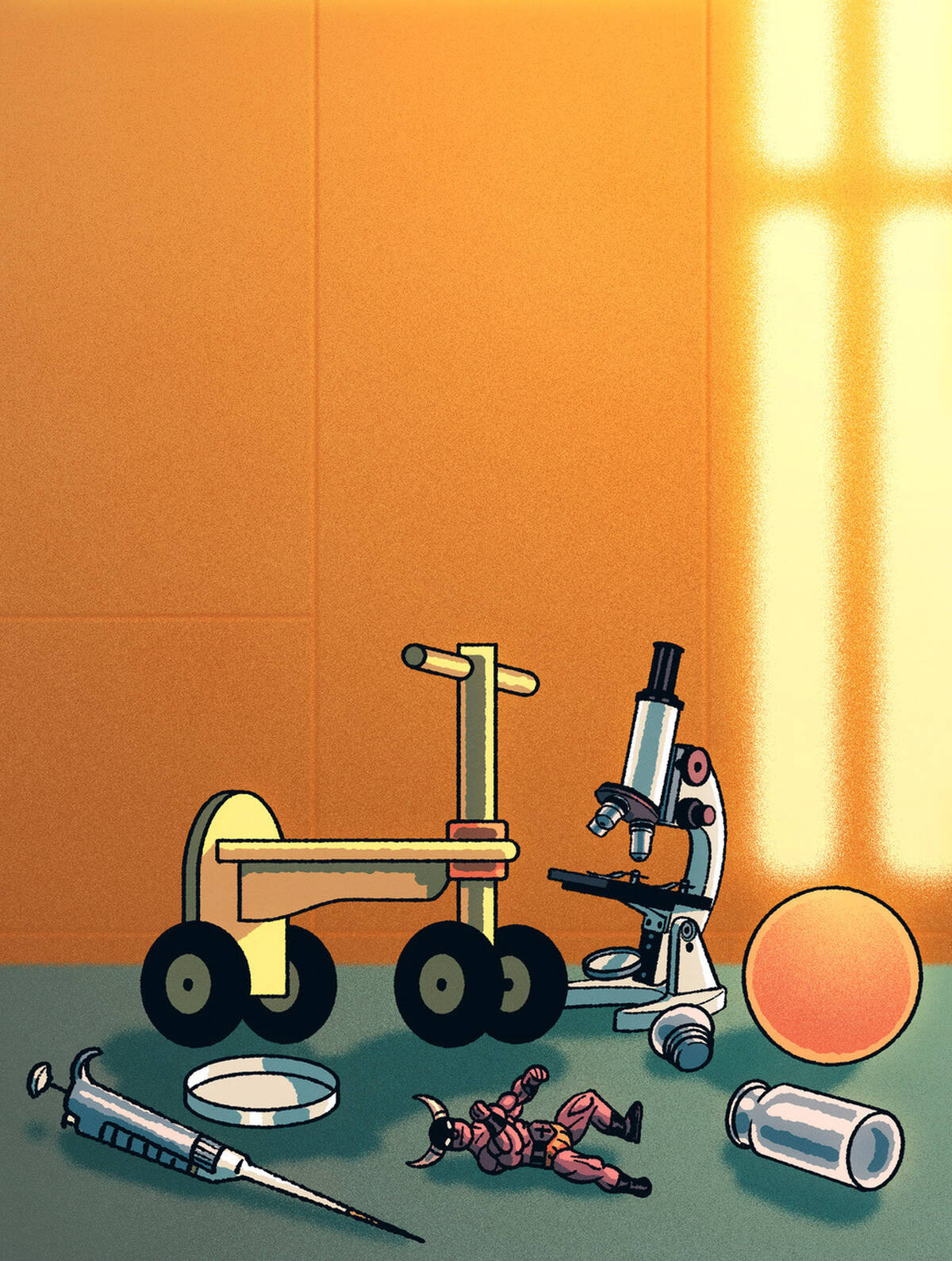 toys and scientists' tools on floor