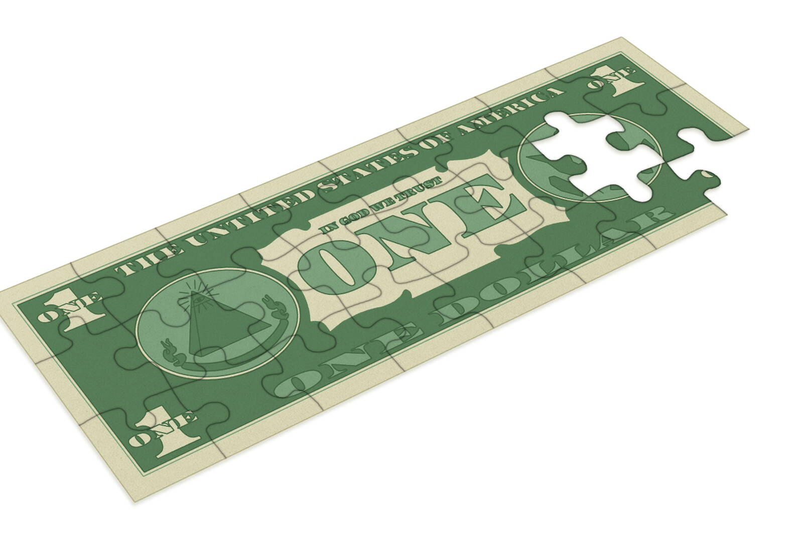 US one dollar bill as puzzle with missing pieces