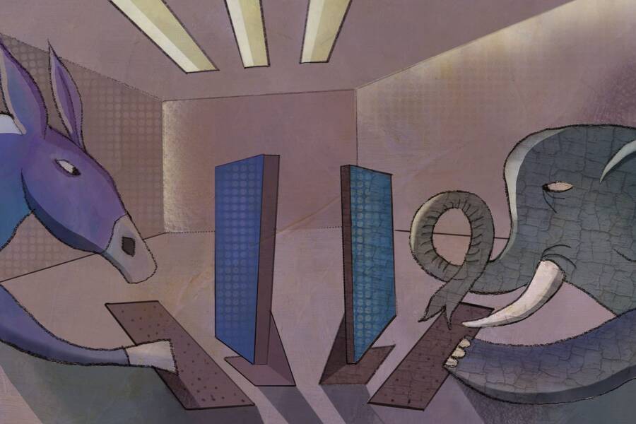 Donkey and elephant write on computers