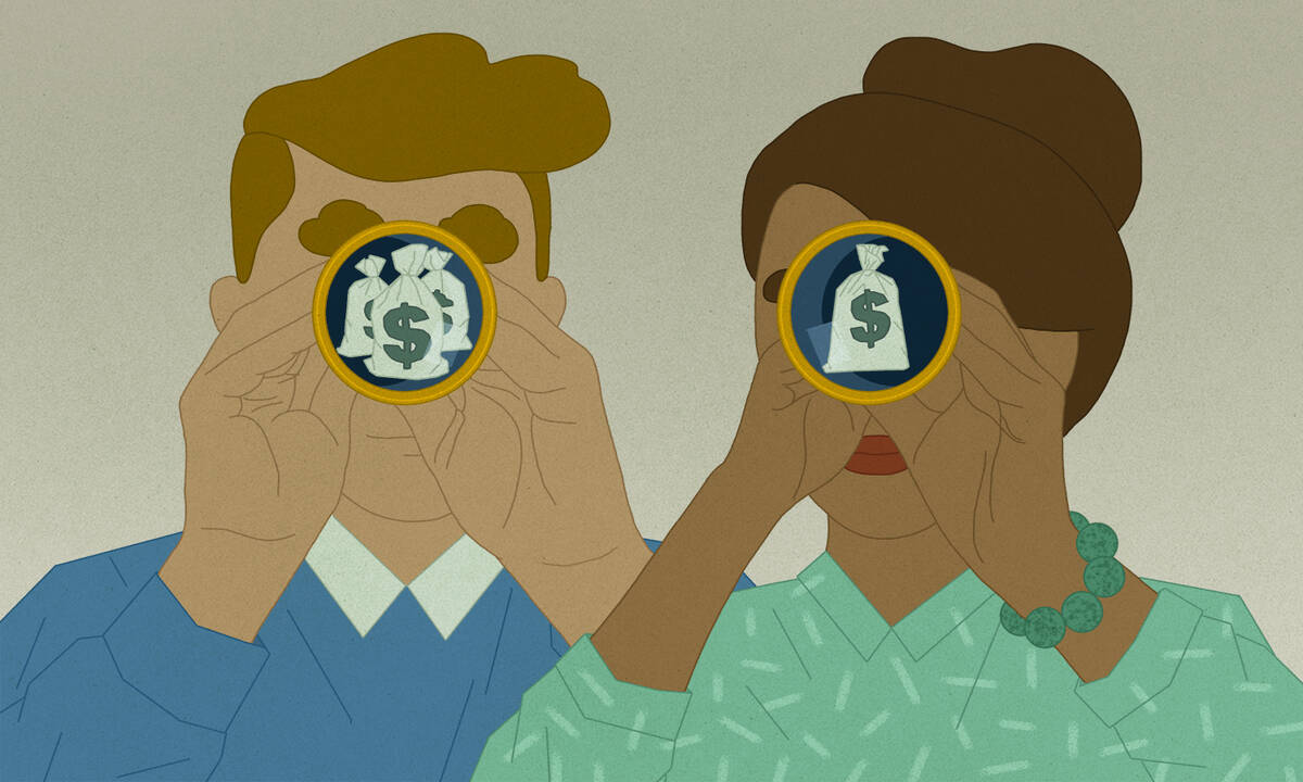 two people look through monoculars at money bags