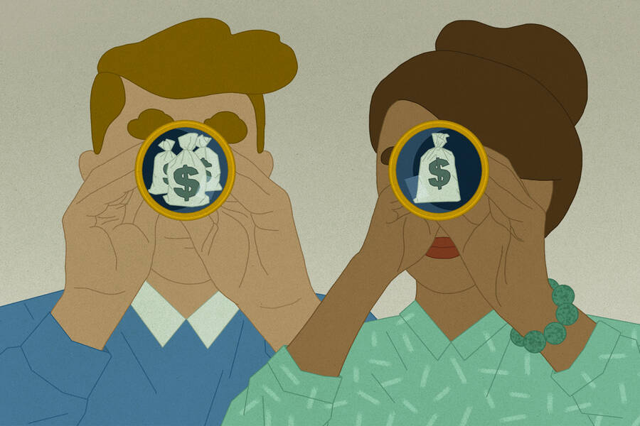 two people look through monoculars at money bags