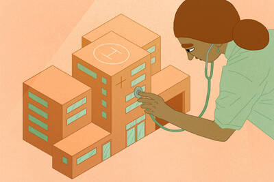 nurse uses stethoscope on hospital building