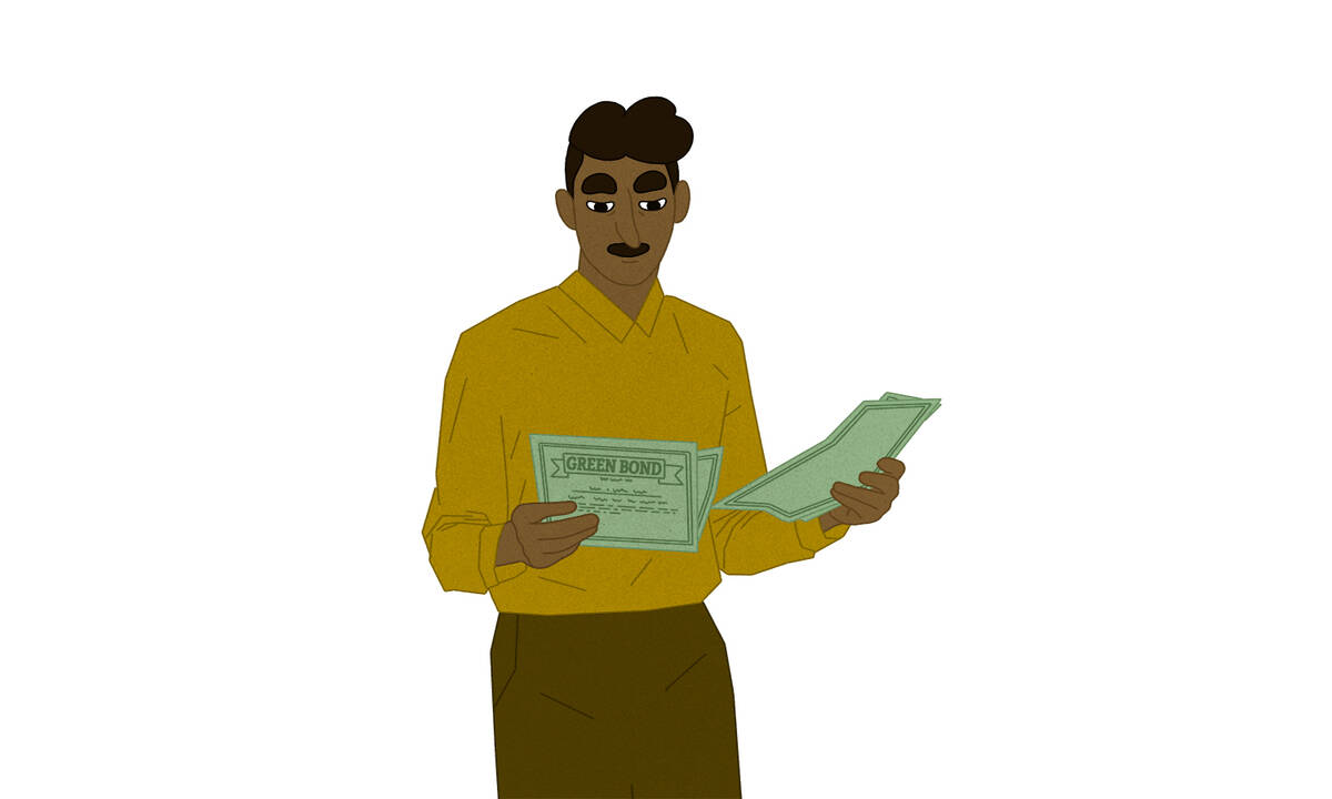 man holding green bond certificates