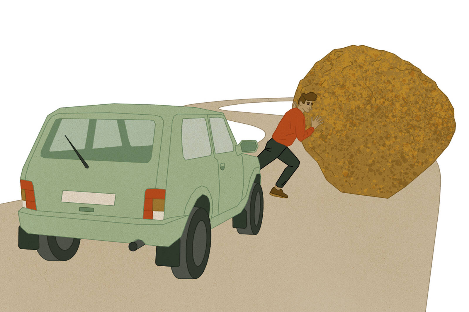 man pushing boulder away from road in front of car