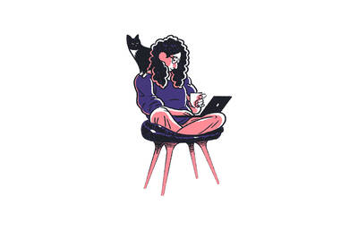 Woman in comfortable chair looking at laptop with cat on her shoulder