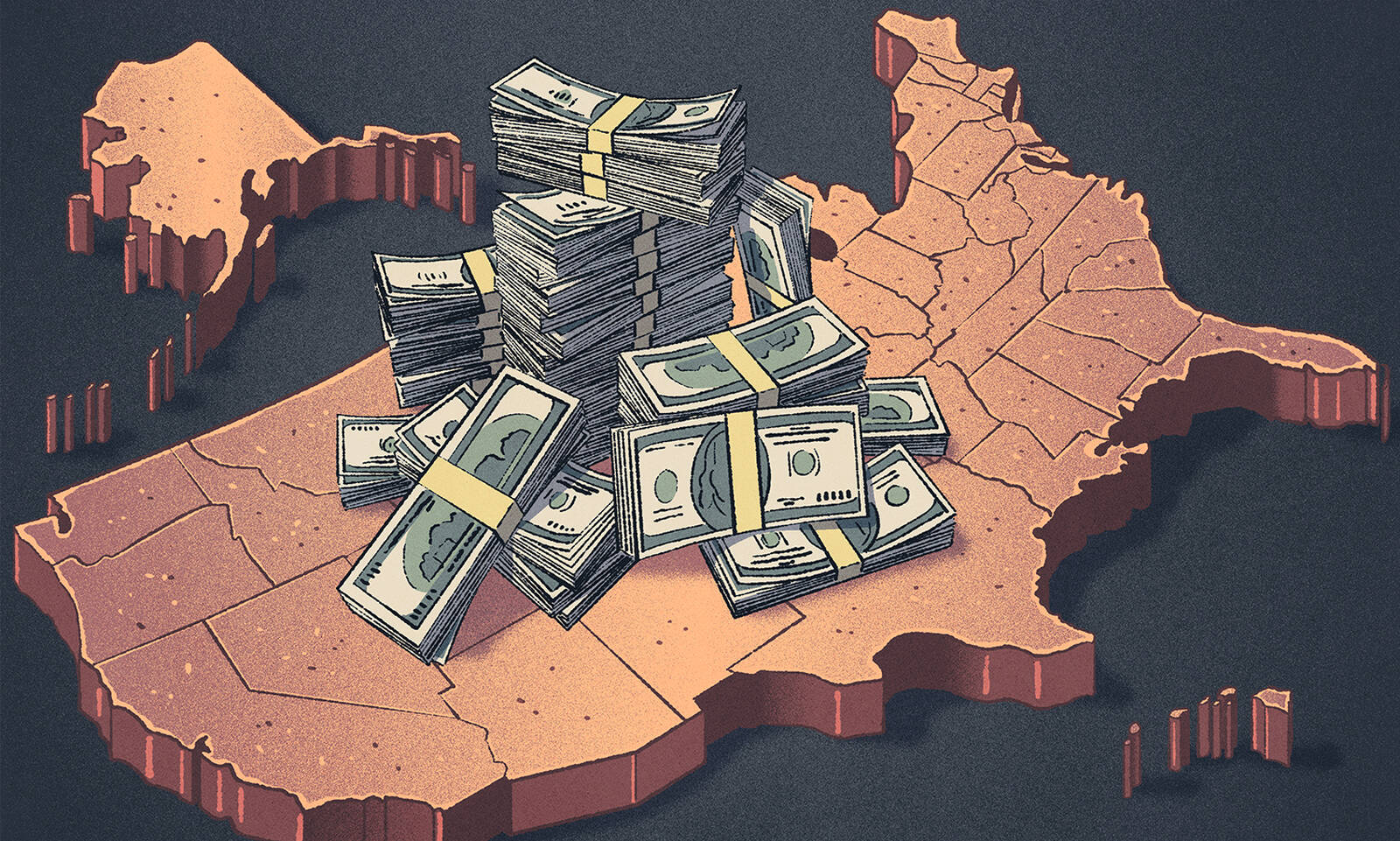 stacks of cash on U.S. map