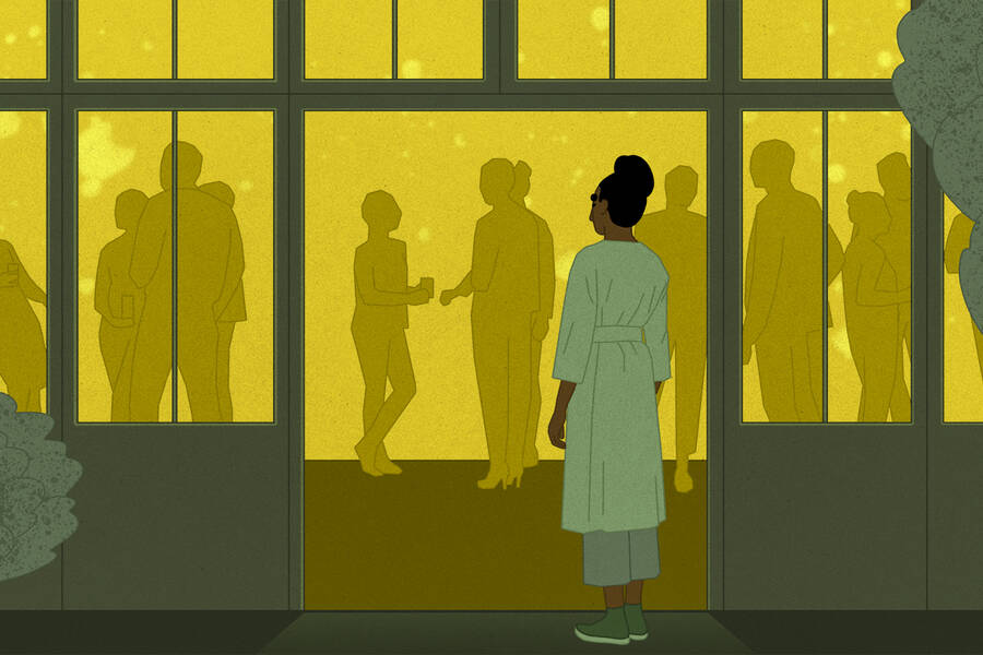 woman stands outside networking event