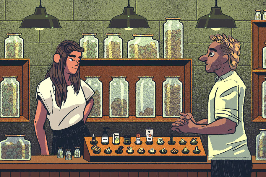 customer at cannabis dispensary looks at product selection