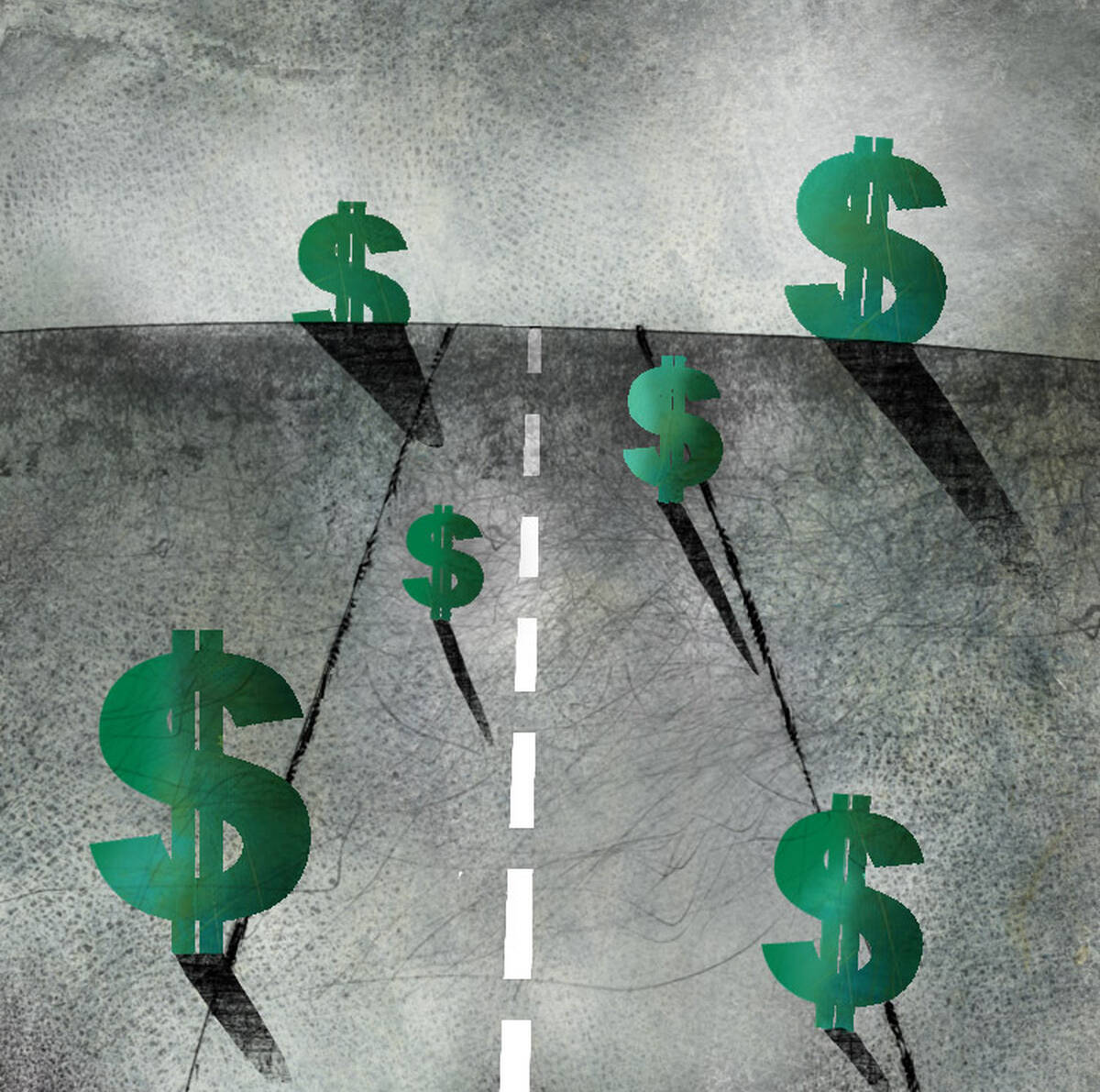 dollar signs stand on a road