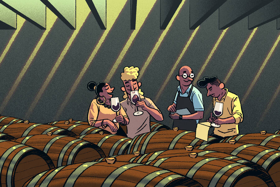 four people wine tasting one takes notes