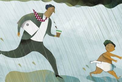 parent chasing child in rainstorm