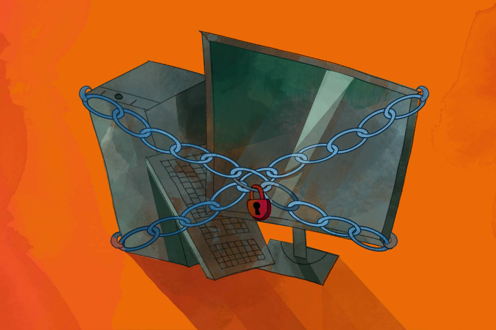 computer surrounded by chains and padlocks