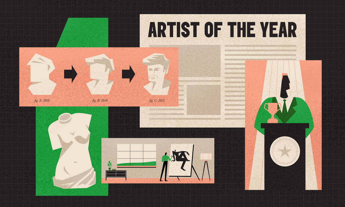 Collage of sculptor's work culminating in Artist of the Year recognition
