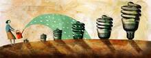 Illustration of person watering lightbulbs with watering can