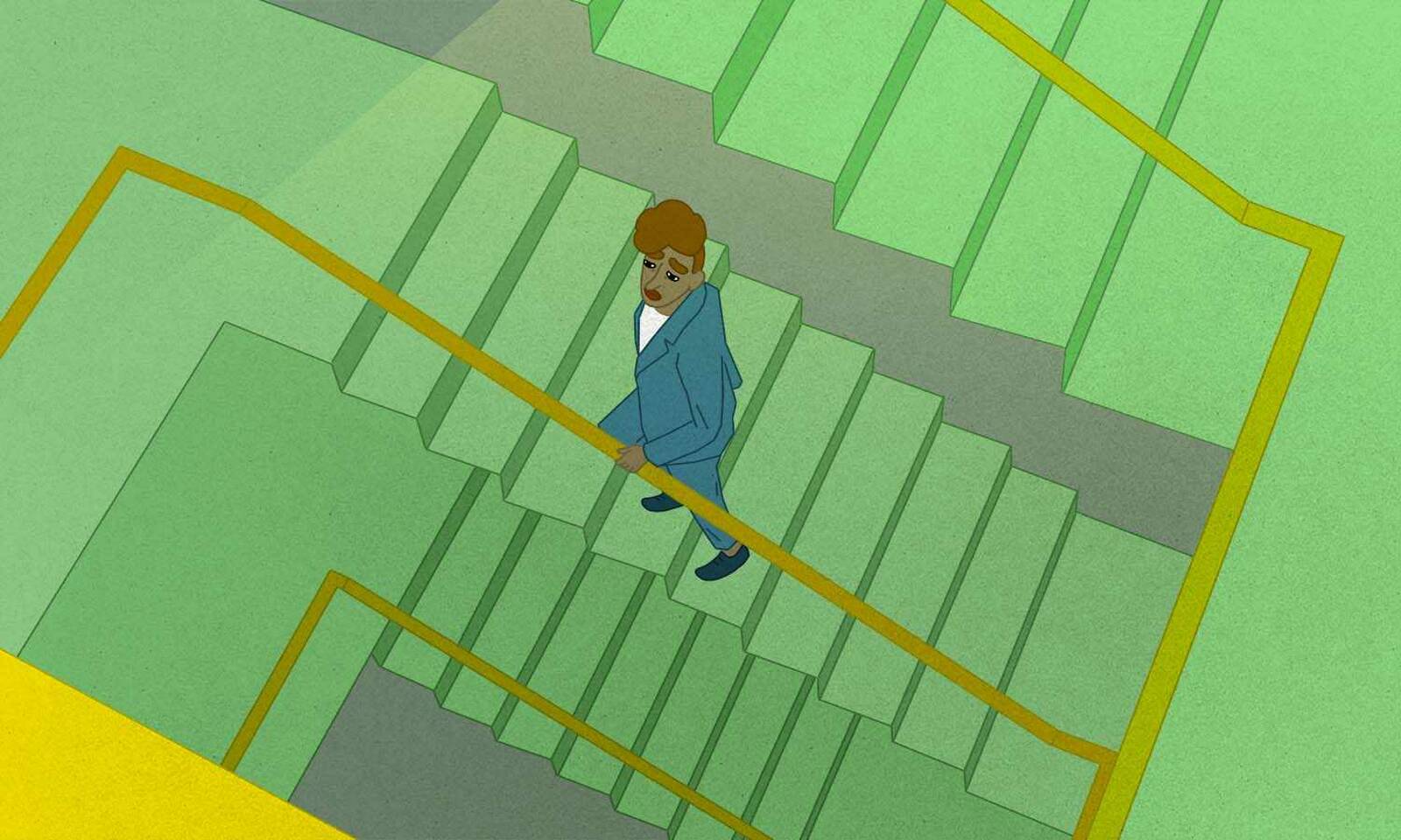 woman in blue suit ascending green staircase