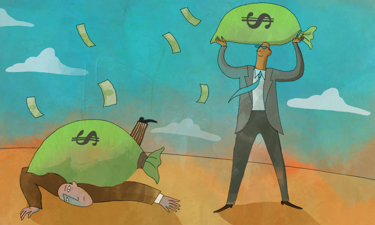 man holding sack of money over his head while other man is crushed by sack of money