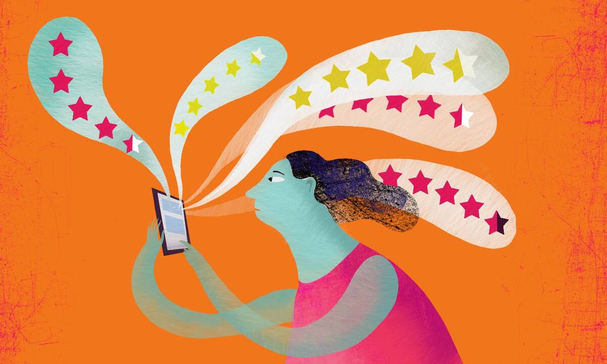 person checking phone for online reviews