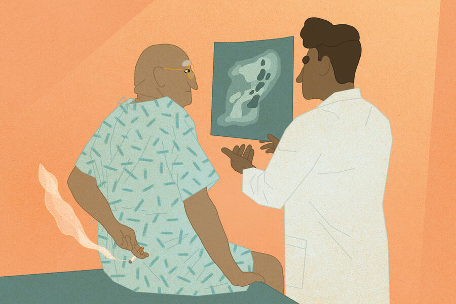 patient hides cigarette behind back from doctor