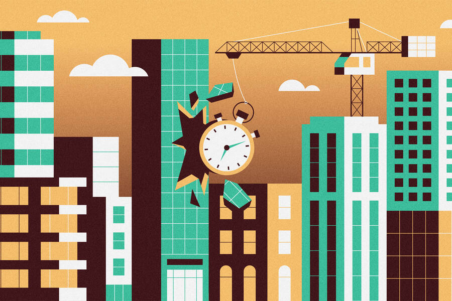 stopwatch as wrecking ball demolishing skyscraper