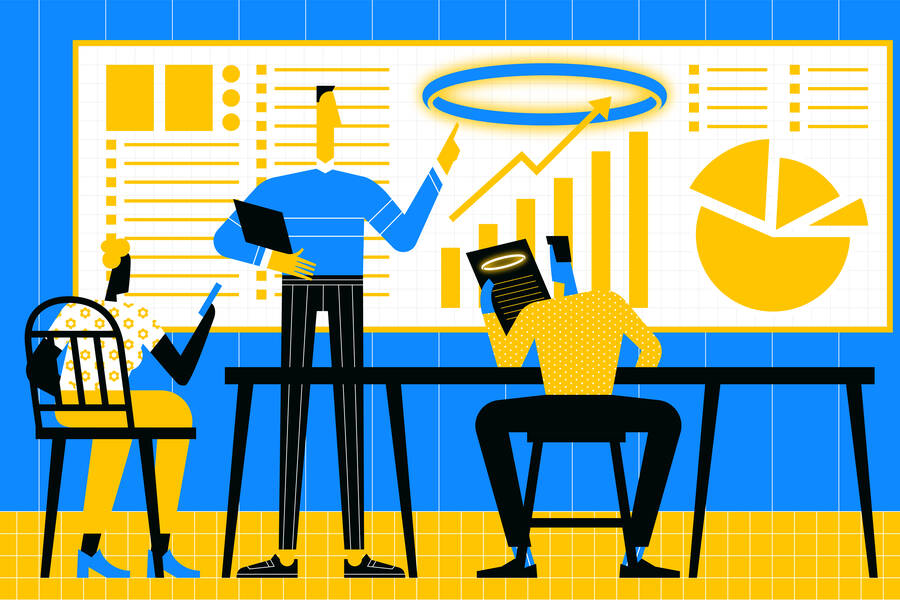 person displaying a powerpoint with a halo above infographics