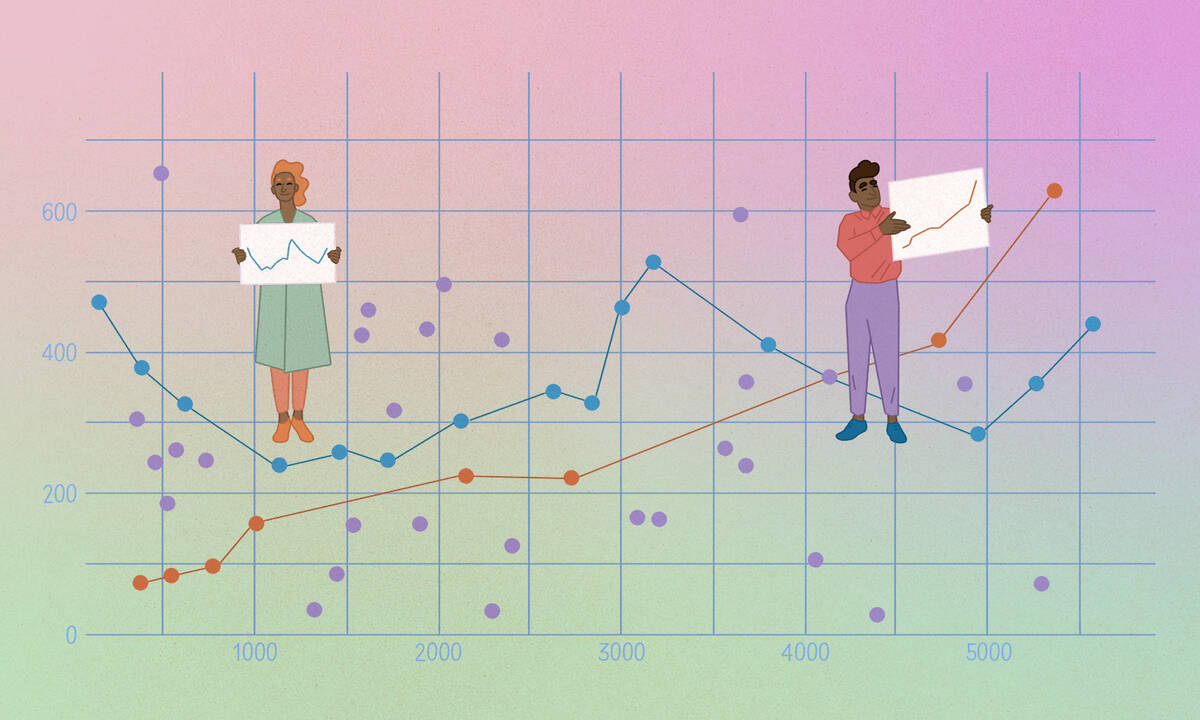 two people stand on a scatterplot grid