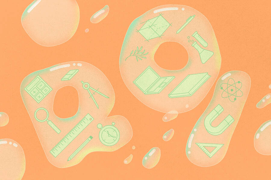 bubble letters spelling ROI with scientific instruments floating in them.