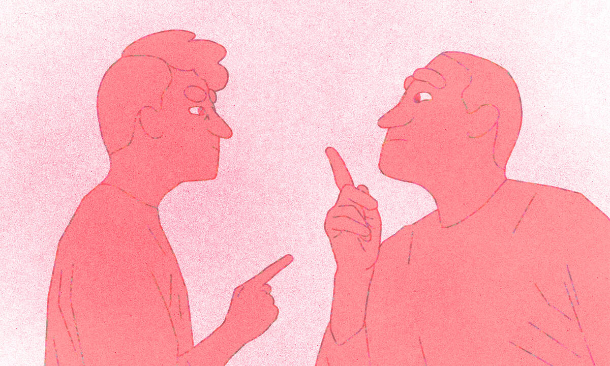 two men point fingers at each other while talking
