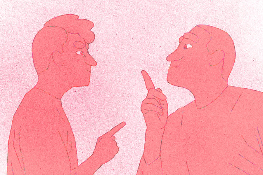 two men point fingers at each other while talking
