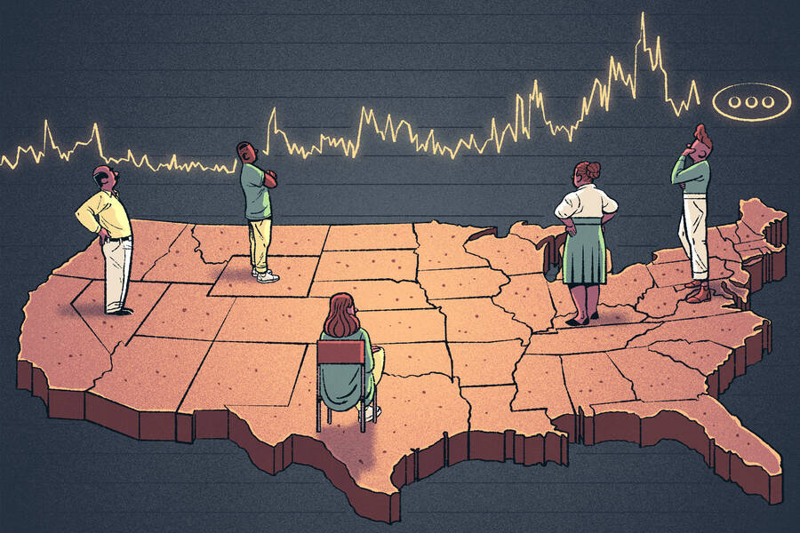 people in various states on a U.S. map look at a graph measuring policy uncertainty.