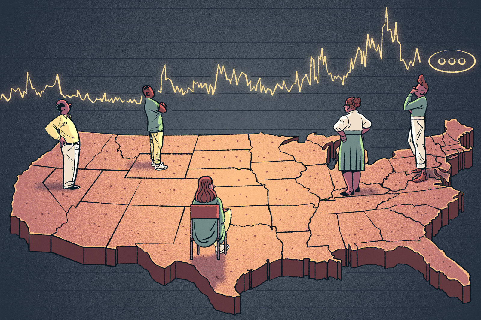 people in various states on a U.S. map look at a graph measuring policy uncertainty.