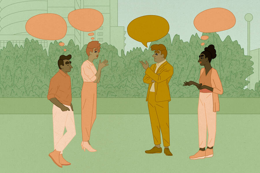 four people stand in a circle, with one speaking and the others reflecting on their statement.