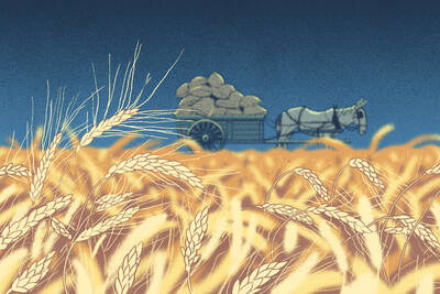 A horse-drawn wagon pulls wheat through an autumnal wheatfield