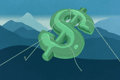 inflatable dollar sign tied down with mountains in background