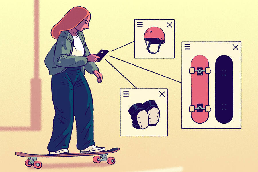 person skateboarding while shopping on smartphone