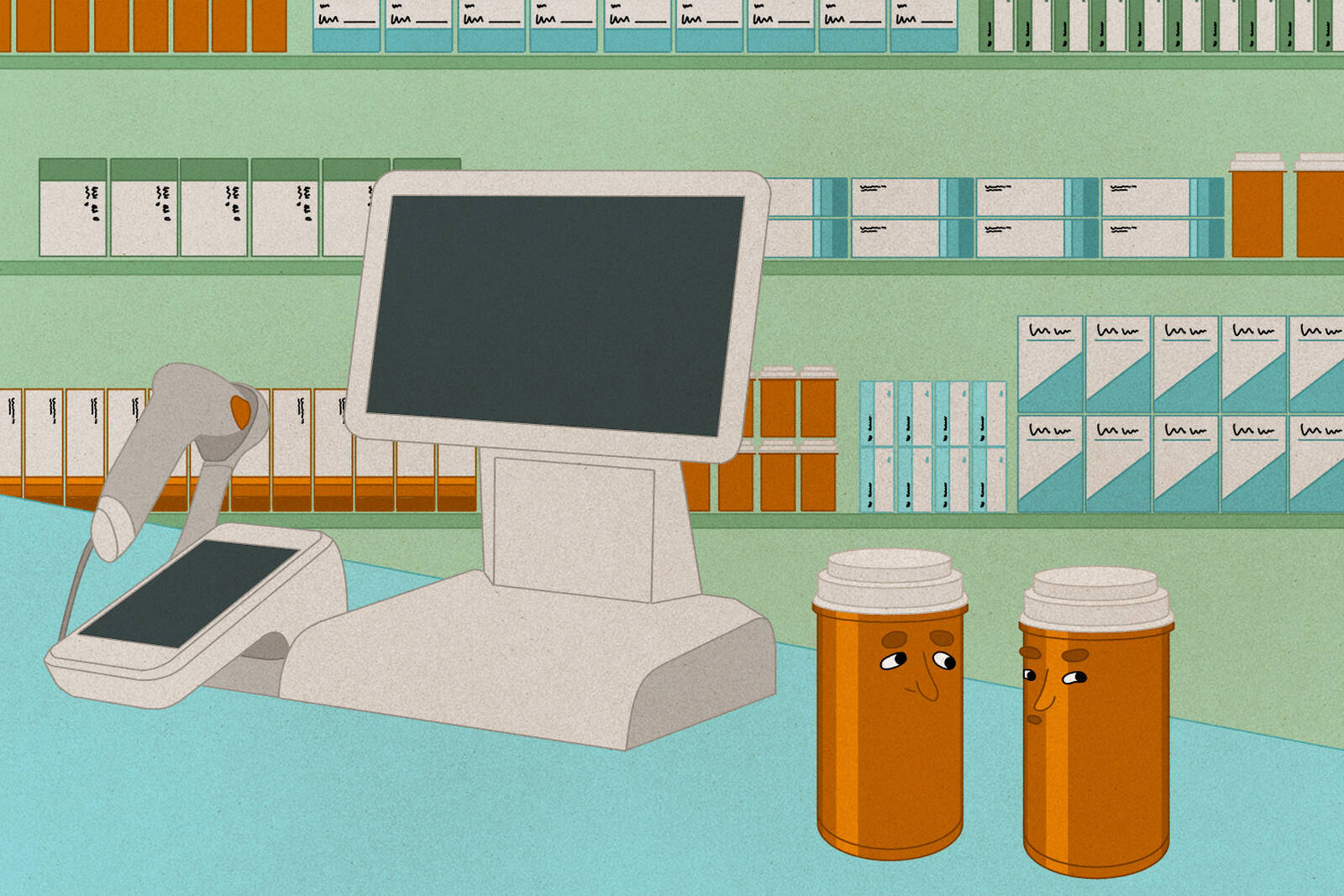 two pill bottles stand on a pharmacy counter.