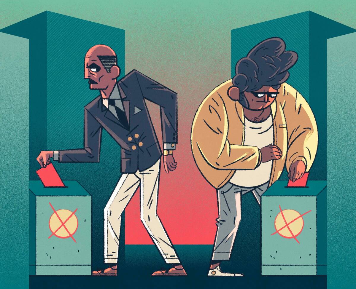 illustration of two people putting ballots into ballot boxes