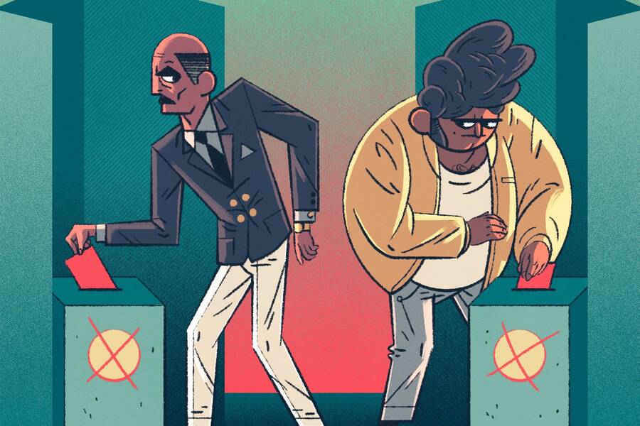 illustration of two people putting ballots into ballot boxes