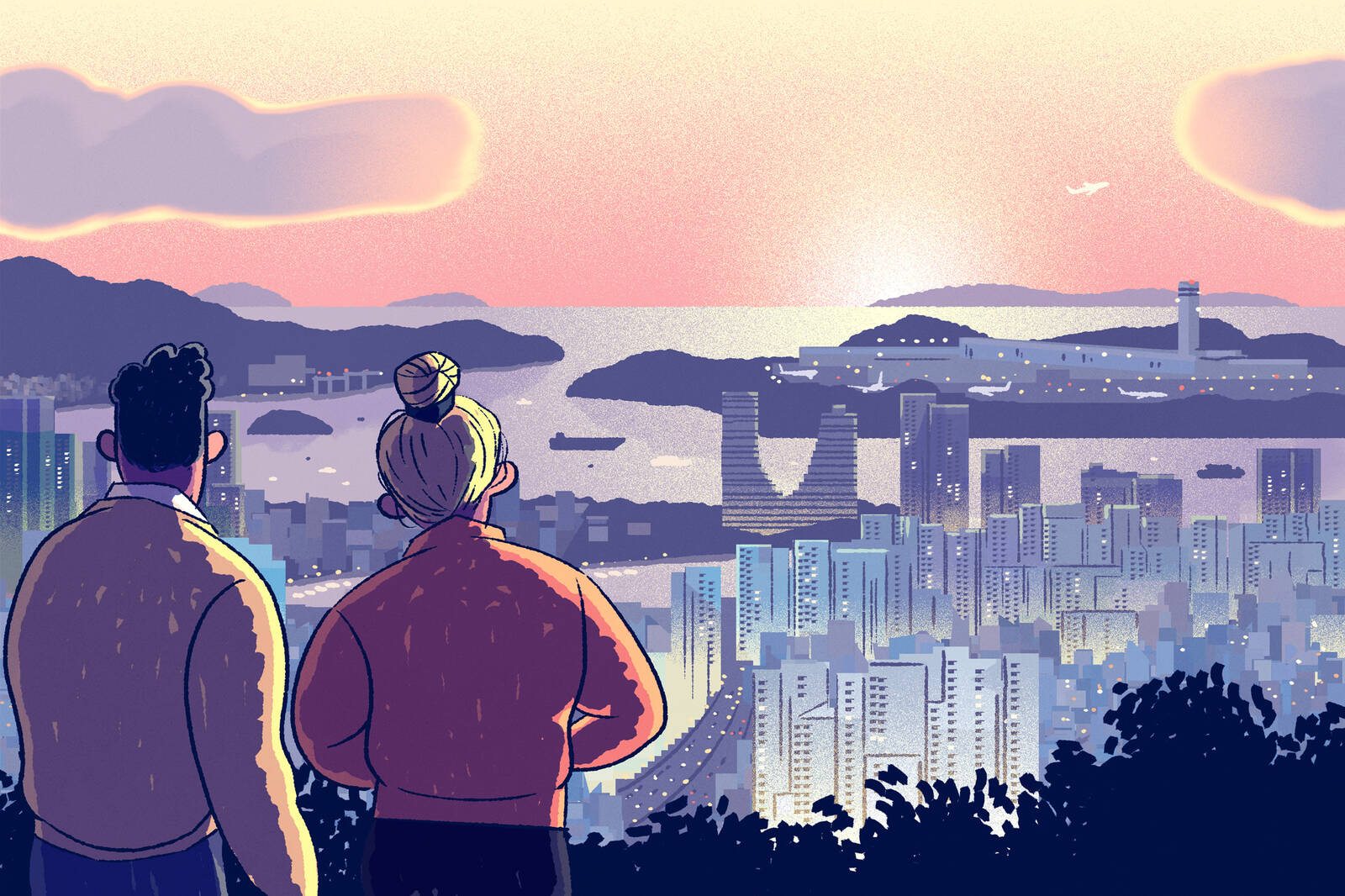 two people look out over a city